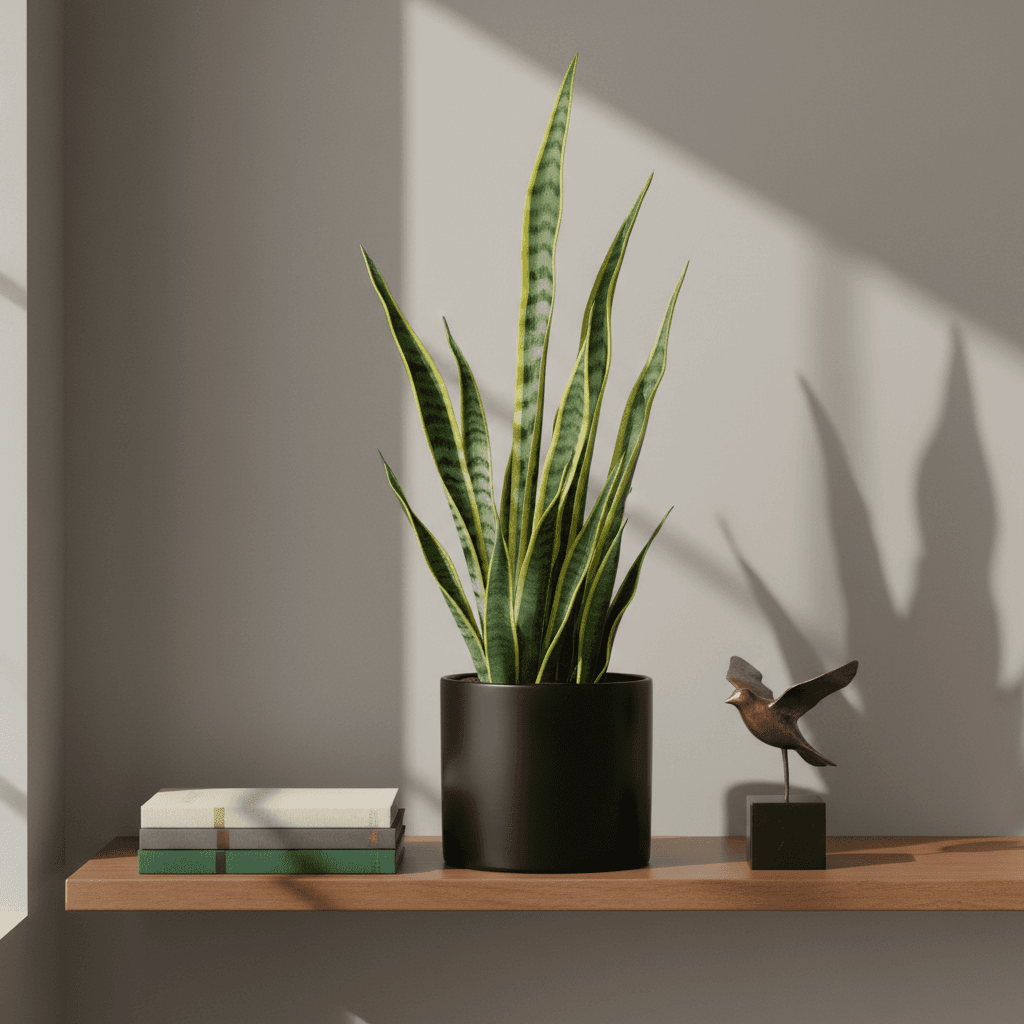 Sansevieria (Schwiegermutterzunge) in schwarzem Topf auf Holzregal mit Büchern und bronzefarbener Vogelstatue, perfektes Low-Light-Setup für Badezimmer.