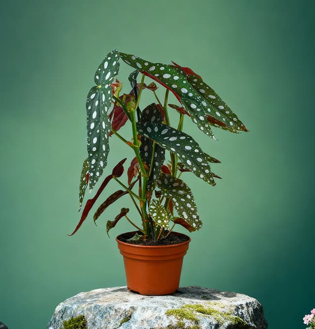 Forellenbegonie im braunen Pflanztopf mit silbern getupften Blättern auf einem Stein vor grünem Hintergrund – dekorative Zimmerpflanze für moderne Wohnungen.