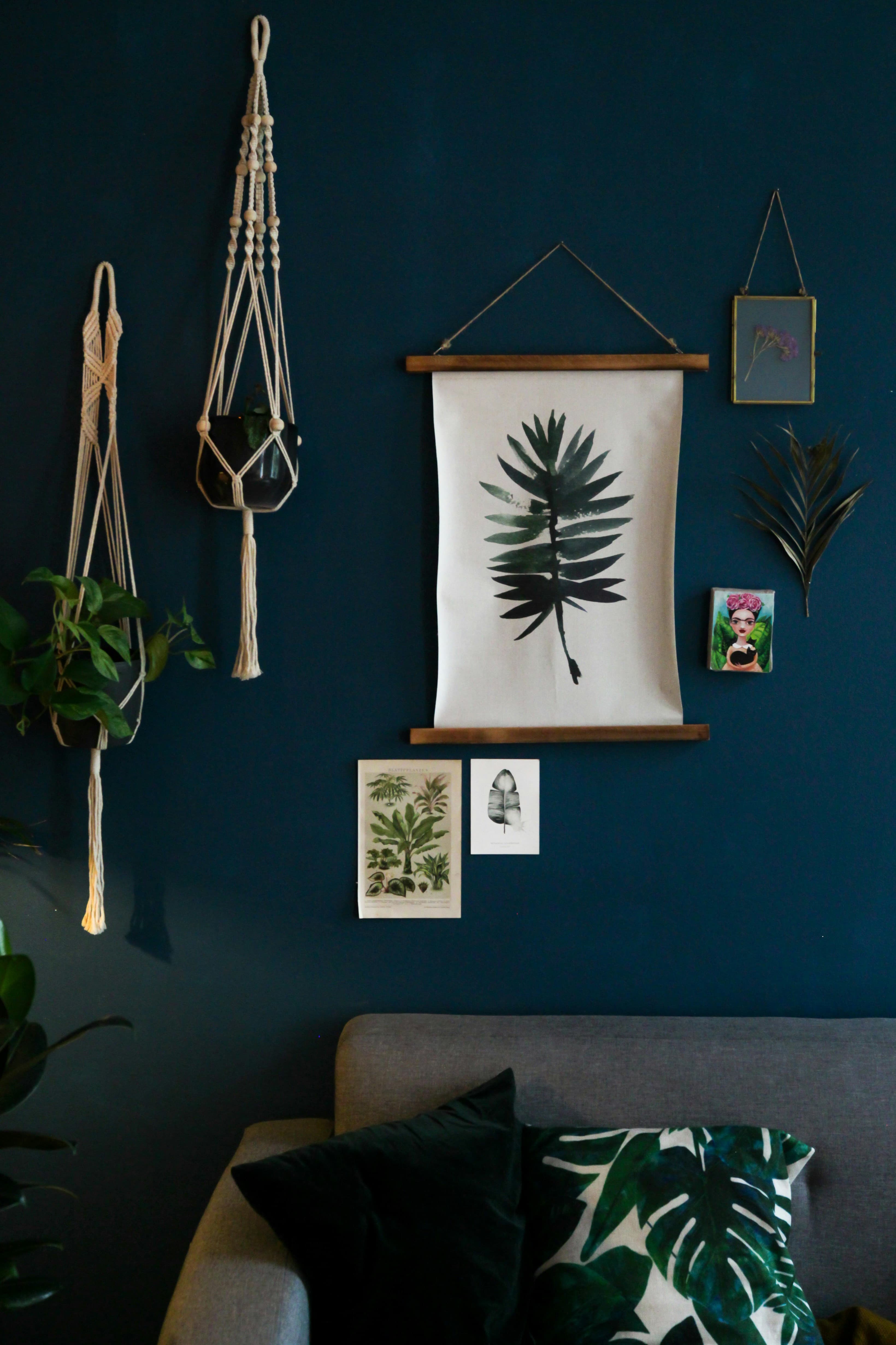 Moderne Wohnzimmerwand in Dunkelblau mit hängenden Pflanzen, Makramee-Blumenampel und botanischer Wandkunst – dekorative Pflanzen für drinnen in stilvoller Wohnung.